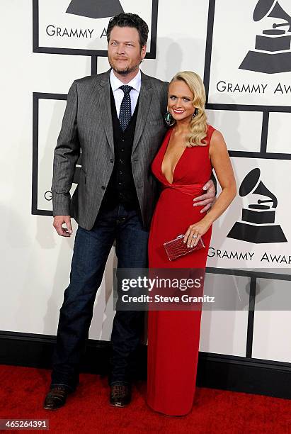 Recording artists Blake Shelton and Miranda Lambert attend the 56th GRAMMY Awards at Staples Center on January 26, 2014 in Los Angeles, California.