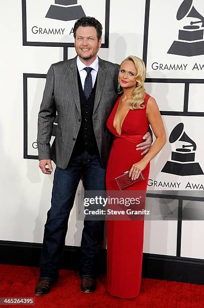 Recording artists Blake Shelton and Miranda Lambert attend the 56th GRAMMY Awards at Staples Center on January 26, 2014 in Los Angeles, California.