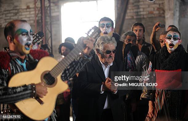 Former Uruguayan President and current Senator José Mujica sings with the "murga" --- traditional Carnival music group --- "Agarrate Catalina" during...