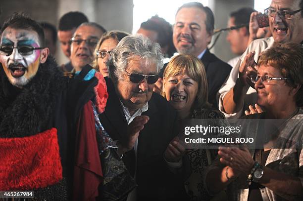 Former Uruguayan President and current Senator José Mujica sings with the "murga" --- traditional Carnival music group --- "Agarrate Catalina" during...