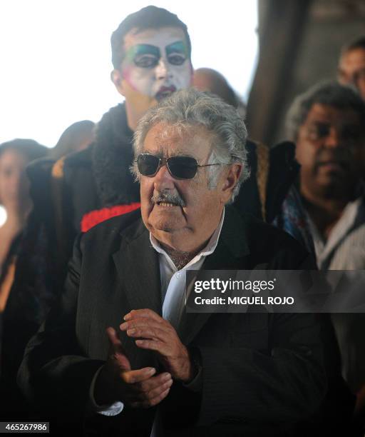 Former Uruguayan President and current Senator José Mujica sings with the "murga" --- traditional Carnival music group --- "Agarrate Catalina" during...