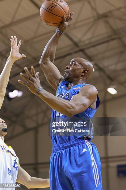 Mike James of the Texas Legends shoots a shot against the Santa Cruz Warriors during an NBA D-League game on March 4, 2015 at Kaiser Permanente Arena...