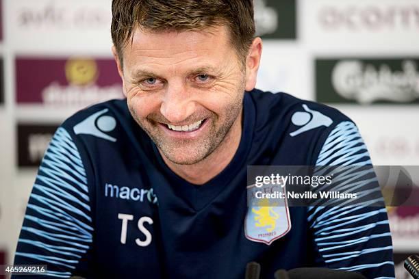 Tim Sherwood manager of Aston Villa talks to the press during a press conference at the club's training ground at Bodymoor Heath on March 05, 2015 in...