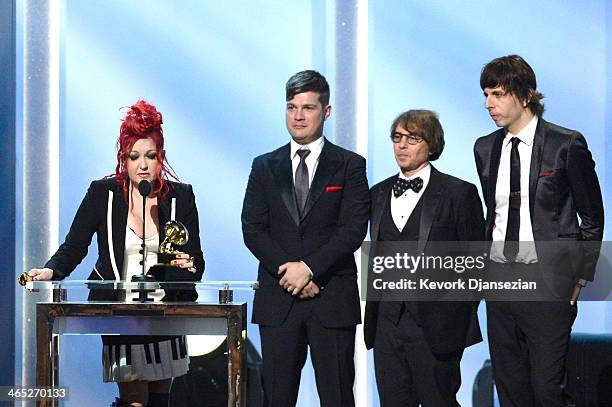 Singer/songwriter Cyndi Lauper accepts the Best Musical Theater Album award for 'Kinky Boots' onstage during the 56th GRAMMY Awards Pre-Telecast Show...