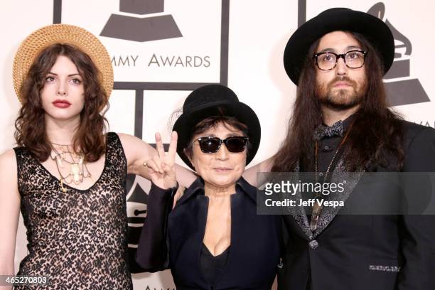 Charlotte Kemp Muhl, Yoko Ono and Sean Lennon attend the 56th GRAMMY Awards at Staples Center on January 26, 2014 in Los Angeles, California.