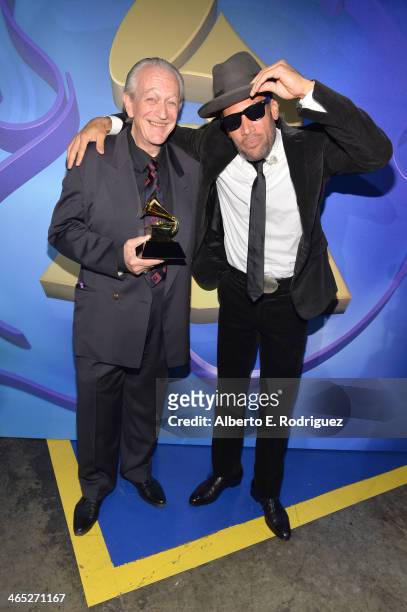 Musicians Charlie Musselwhite and Ben Harper onstage during the 56th GRAMMY Awards Pre-Telecast at Nokia Theatre L.A. Live on January 26, 2014 in Los...