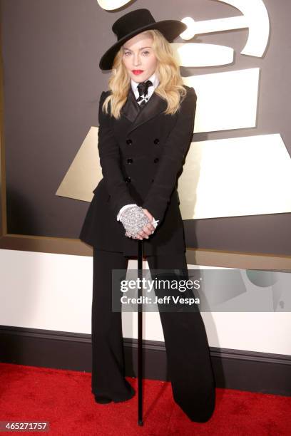 Singer Madonna attends the 56th GRAMMY Awards at Staples Center on January 26, 2014 in Los Angeles, California.