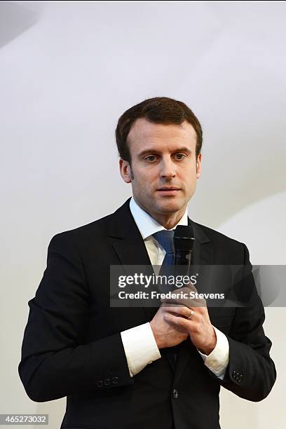 French Economy Minister Emmanuel Macron speaks during the presentation of the economic project within France's bid to host the 2025 World Expo,at the...