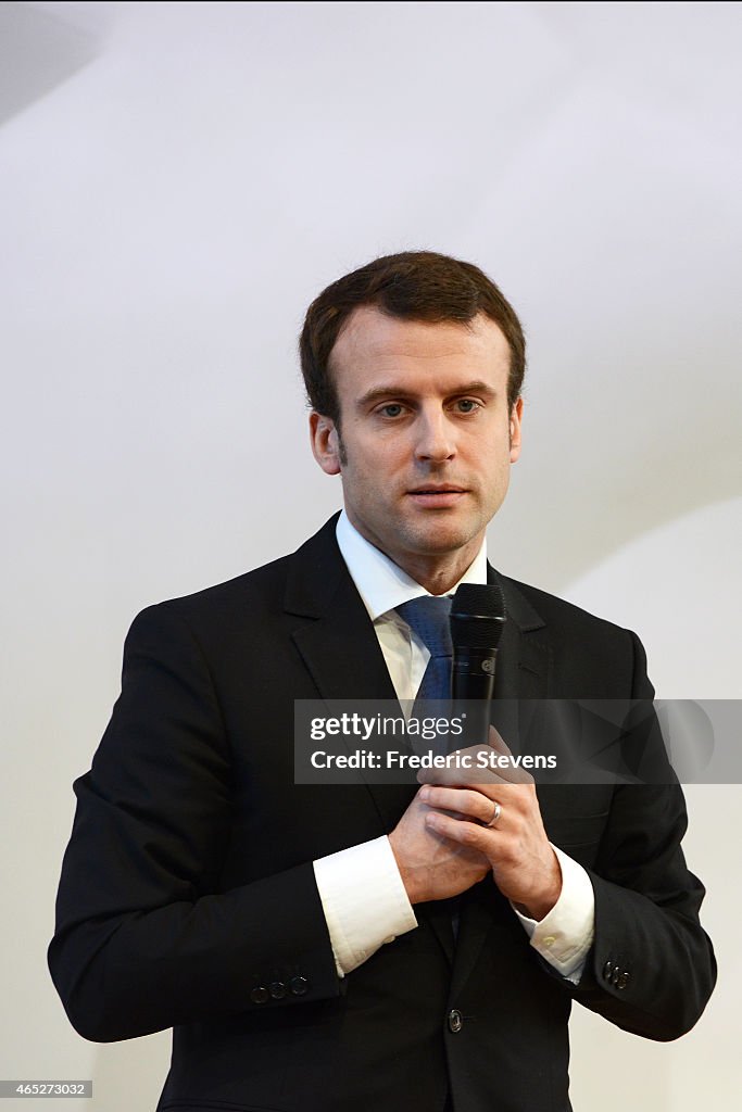 Emmanuel Macron, French Minister of Economy Presents France Project To Host the 2025 World Expo At Louis Vuitton Foundation In Paris