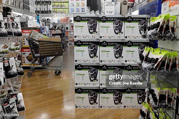 Boxes of Keurig coffee makers are seen for sale on March 5, 2015 in Miami, Florida. John Sylvan the inventor of the popular Keurig K-Cups is reported...