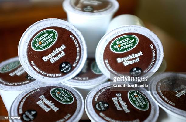 In this photo illustration, Keurig Green Mountain Inc. K-Cup coffee packs are seen on March 5, 2015 in Miami, Florida. John Sylvan the inventor of...