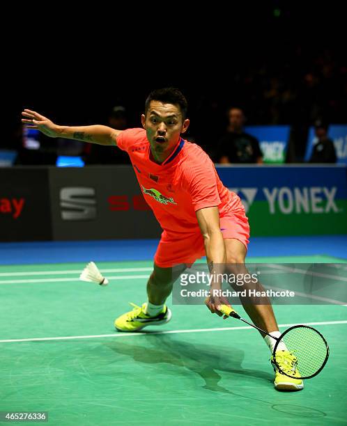 Lin Dan of China in action as he beats Tian Houwei of China in the men's singles during day three of YONEX All England Open Badminton Championships...