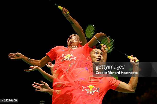 Lin Dan of China in action as he beats Tian Houwei of China in the men's singles during day three of YONEX All England Open Badminton Championships...