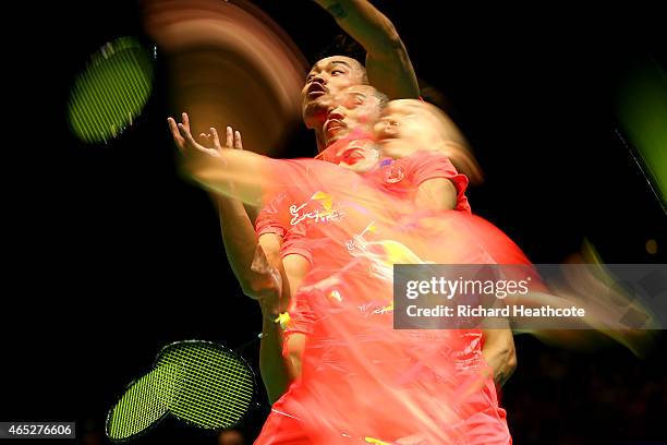 Lin Dan of China in action as he beats Tian Houwei of China in the men's singles during day three of YONEX All England Open Badminton Championships...