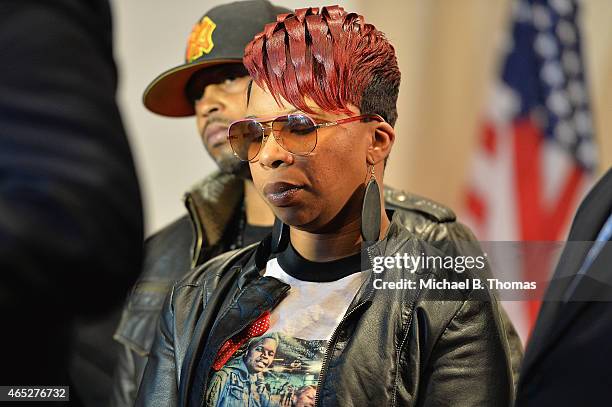 Lesley McSpadden, mother of slain teenager Michael Brown Jr., stands during a press conference at the Greater St. Mark Missionary Baptist Church on...