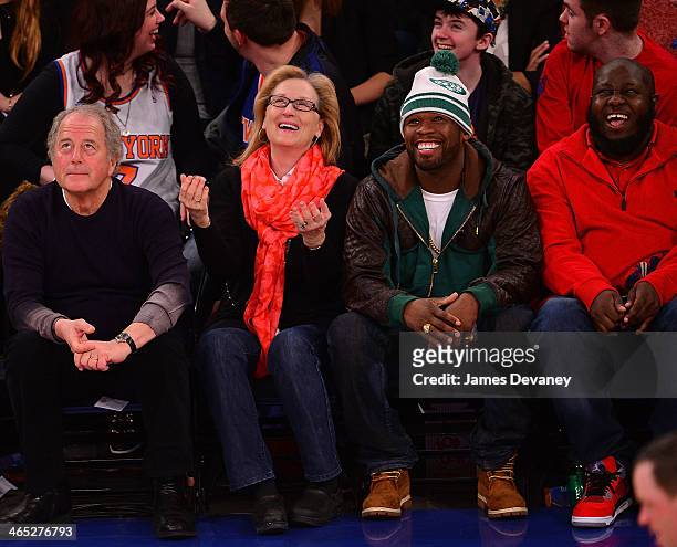 Don Gummer, Meryl Streep, 50 Cent and guest attend the Los Angeles Lakers vs New York Knicks game at Madison Square Garden on January 26, 2014 in New...