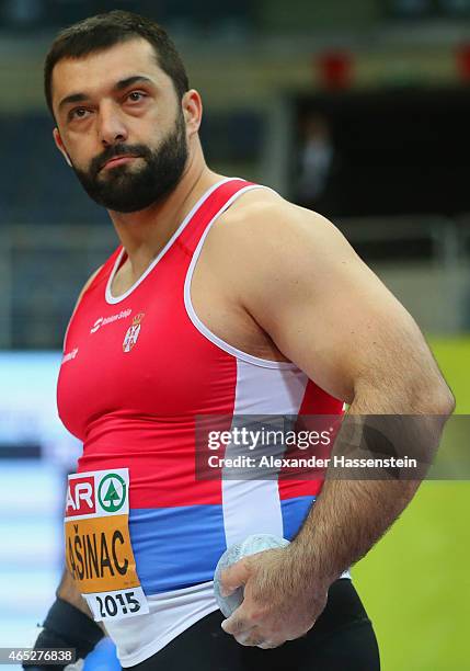 Asmir Kolasinac of Serbia competes in the Men's Shot Put qualification during 2015 European Athletics Indoor Championships at O2 Arena on March 5,...