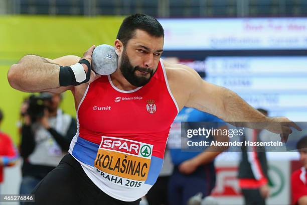 Asmir Kolasinac of Serbia competes in the Men's Shot Put qualification during 2015 European Athletics Indoor Championships at O2 Arena on March 5,...