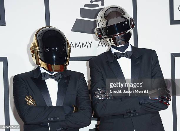 Guy-Manuel de Homem-Christo and Thomas Bangalter of Daft Punk attend the 56th GRAMMY Awards at Staples Center on January 26, 2014 in Los Angeles,...