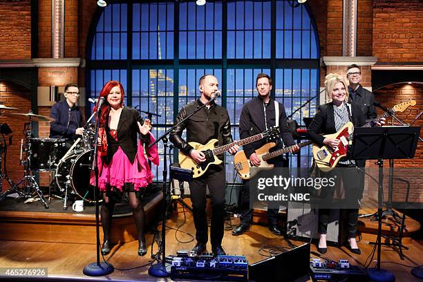 Episode 173 -- Pictured: Kate Pierson of the B-52s sits in with Fred Armisen, Seth Jabour, Syd Butler, Marnie Stern and Eli Janne of the 8G Band on...