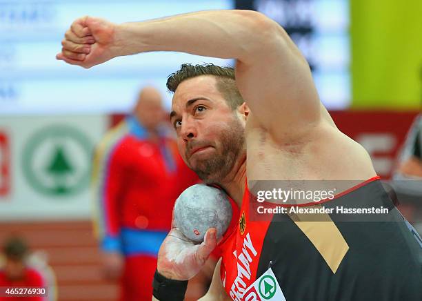 Tobias Dahm of Germany competes in the Men's Shot Put qualification during 2015 European Athletics Indoor Championships at O2 Arena on March 5, 2015...