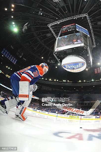 Ben Scrivens of the Edmonton Oilers steps onto the ice prior to the game against the St. Louis Blues on February 28, 2015 at Rexall Place in...