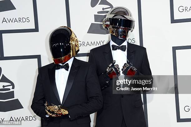 Recording artists Guy-Manuel de Homem-Christo and Thomas Bangalter of Daft Punk attend the 56th GRAMMY Awards at Staples Center on January 26, 2014...