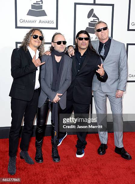 Musicians Kirk Hammett, Lars Ulrich, Robert Trujillo and James Hetfield of Metallica attend the 56th GRAMMY Awards at Staples Center on January 26,...