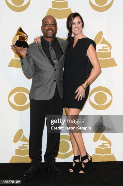 Recording artist Darius Rucker and Beth Leonard pose in the press room during the 56th GRAMMY Awards at Staples Center on January 26, 2014 in Los...