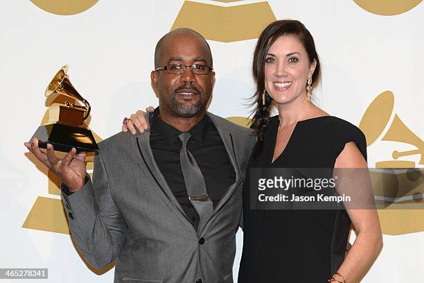 Recording artist Darius Rucker and Beth Leonard pose in the press room during the 56th GRAMMY Awards at Staples Center on January 26, 2014 in Los...