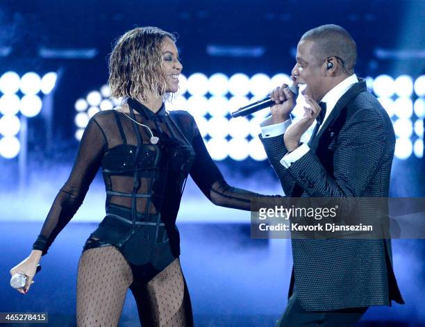 Singer Beyonce and rapper Jay Z perform onstage during the 56th GRAMMY Awards at Staples Center on January 26, 2014 in Los Angeles, California.