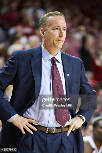 Head Coach Billy Kennedy of the Texas A&M Aggies watches his team during a game against the Arkansas Razorbacks at Bud Walton Arena on February 24,...