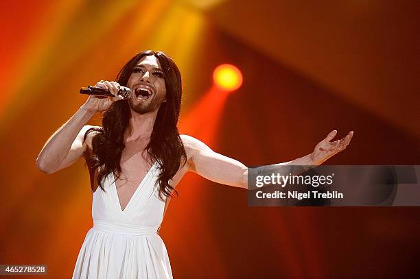 Austrian singer and Eurovision Song Contest 2014 winner Conchita Wurst performs during the finals of the TV show 'Our Star For Austria' on March 5,...