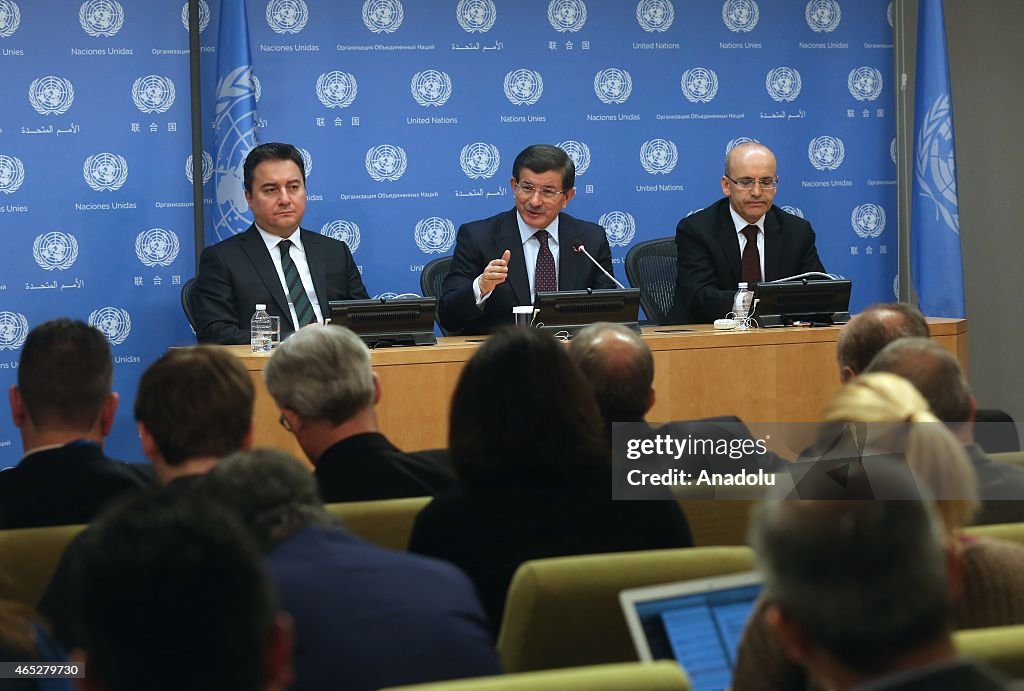 Turkish Prime Minister Ahmet Davutoglu attends a press conference in New York