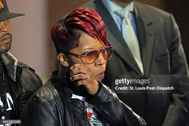 Lesley McSpadden, mother of Michael Brown, wipes a tear away during the press conference on Thursday, March 5 at the Greater St. Marks Family Church...
