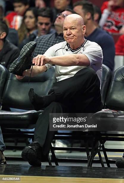 Referee Joe Crawford makes an adjustment to his shoe during a timeout between the Chicago Bulls and the Los Angeles Clippers at the United Center on...