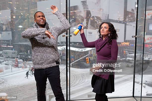 Calloway interviews Jenni Pulos during her visit to "Extra" at their New York studios at H&M in Times Square on March 5, 2015 in New York City.