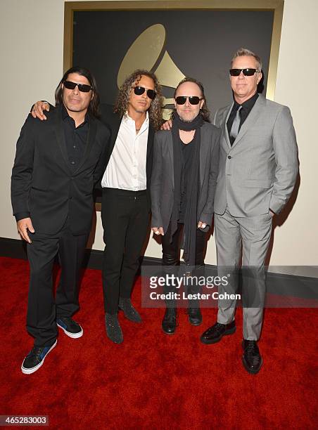 Musicians Robert Trujillo, Kirk Hammett, Lars Ulrich and James Hetfield attend the 56th GRAMMY Awards at Staples Center on January 26, 2014 in Los...