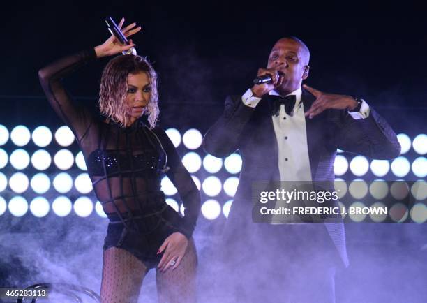 Beyonce Knowles and Jay-Z perform on stage for the 56th Grammy Awards at the Staples Center in Los Angeles, California, January 26, 2014. AFP PHOTO...