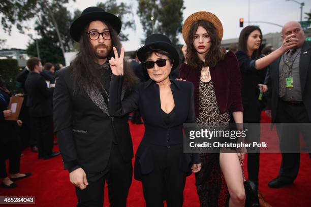 Singer Sean Lennon, musician Yoko Ono and model Charlotte Kemp Muhl attend the 56th GRAMMY Awards at Staples Center on January 26, 2014 in Los...