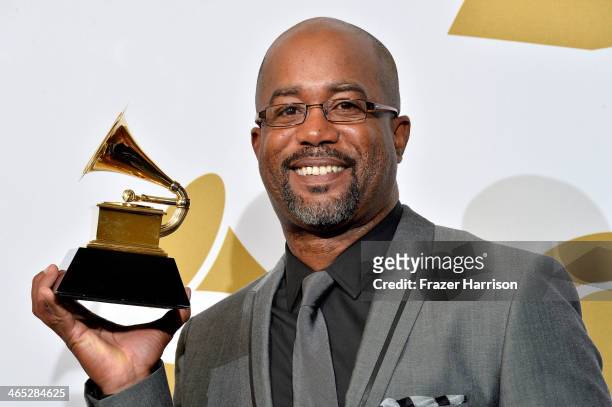 Singer Darius Rucker, winner of Best Country Solo Performance for 'Wagon Wheel,' poses in the press room during the 56th GRAMMY Awards at Staples...