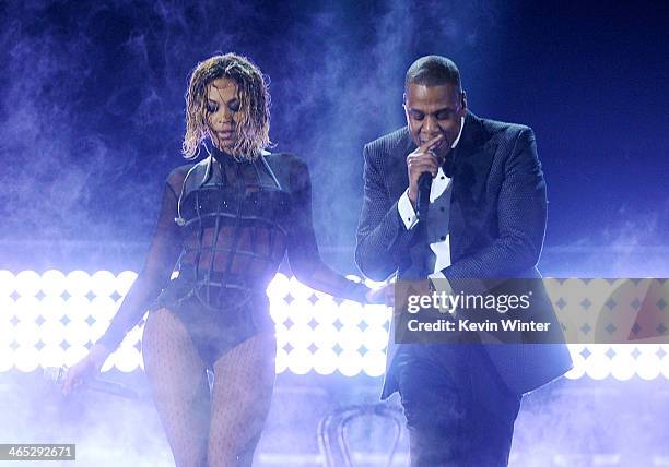 Recording artists Beyonce and Jay-Z perform onstage during the 56th GRAMMY Awards at Staples Center on January 26, 2014 in Los Angeles, California.