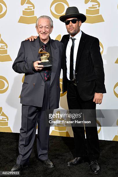 Musicians Charlie Musselwhite and Ben Harper, winners of the Best Blues Album award for 'Get Up!,' pose in the press room during the 56th GRAMMY...