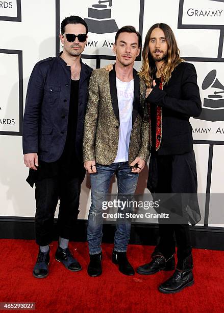 Recording artists Tomo Milicevic, Shannon Leto and Jared Leto of Thirty Seconds To Mars attend the 56th GRAMMY Awards at Staples Center on January...