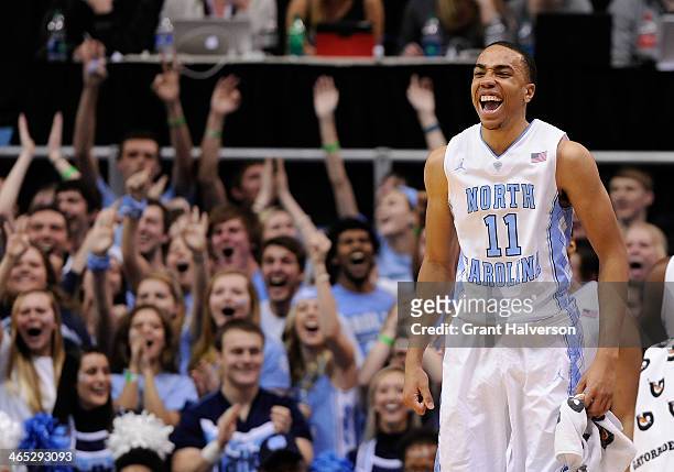 Brice Johnson of the North Carolina Tar Heels celebrates during the final seconds of a win over the Clemson Tigers at the Dean Smith Center on...