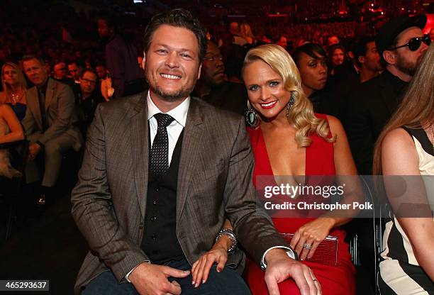 Singers Blake Shelton and Miranda Lambert attend the 56th GRAMMY Awards at Staples Center on January 26, 2014 in Los Angeles, California.