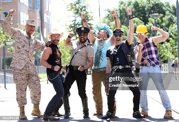The 2015 line-up of American disco group Village People, Alex Briley, Jim Newman, Ray Simpson, Felipe Rose, Eric Anzalone and Bill Whitefield pose...