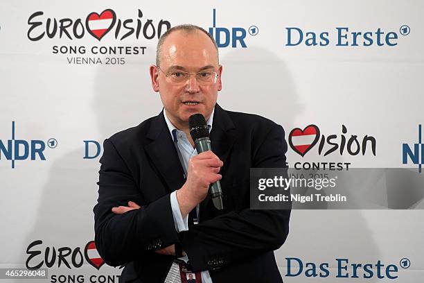 Thomas Schreiber of NDR speaks to the media after the finals of the TV show 'Our Star For Austria' on March 5, 2015 in Hanover, Germany. 'Our Star...