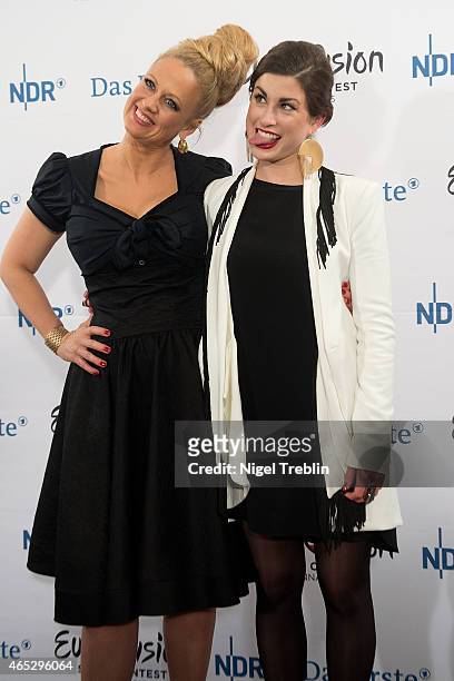 Singer Ann Sophie and host Barbara Schoeneberger poses for the media after winning the finals of the TV show 'Our Star For Austria' on March 5, 2015...