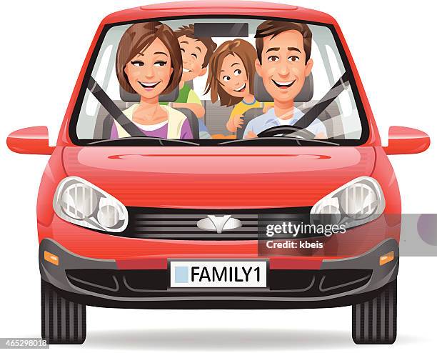 stockillustraties, clipart, cartoons en iconen met family driving in a red car - license plate